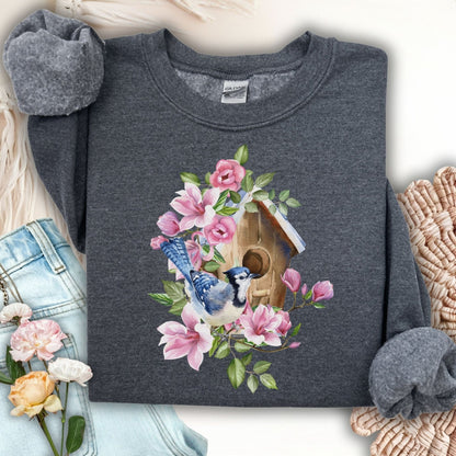 Rustic Birdhouse with Blue Jay and Flowers Sweatshirt