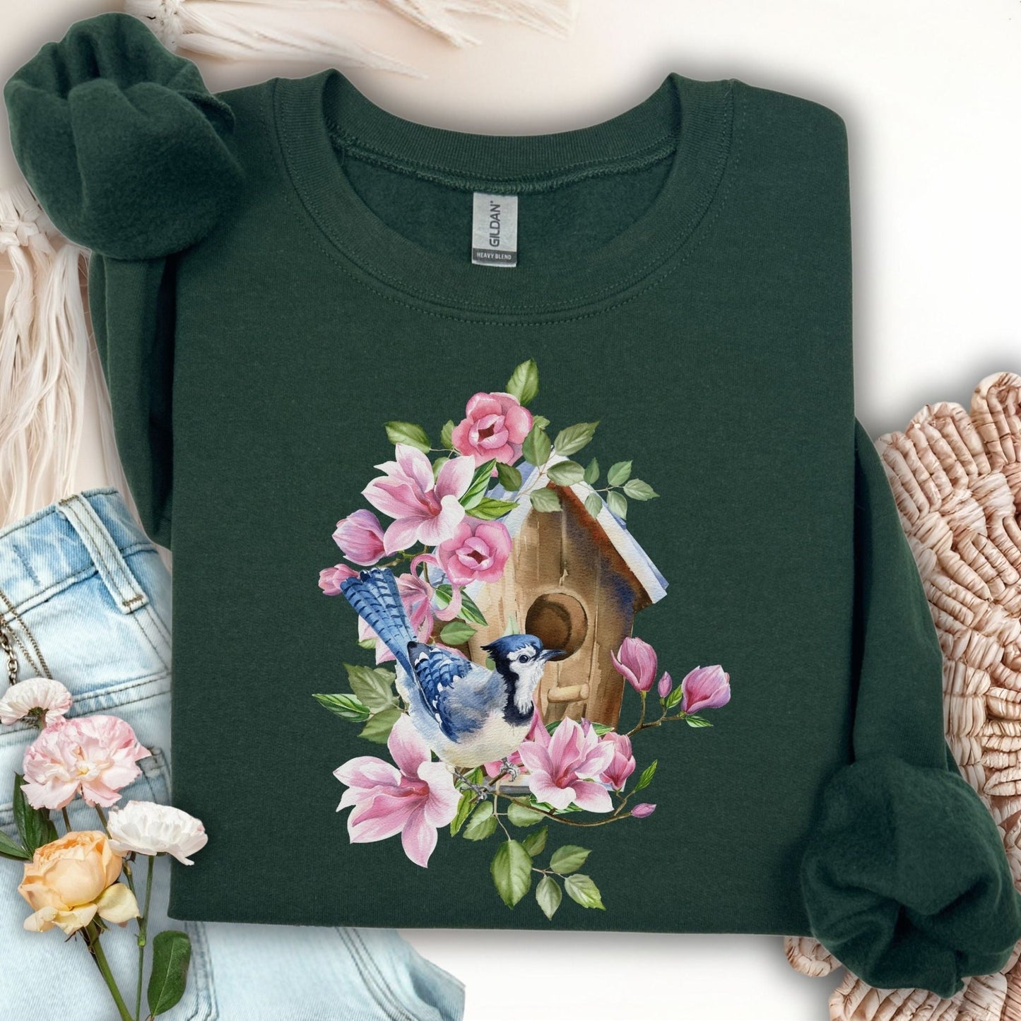 Rustic Birdhouse with Blue Jay and Flowers Sweatshirt