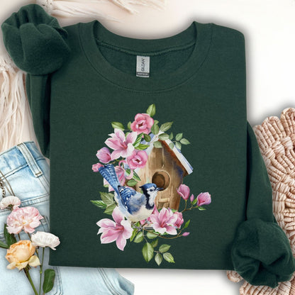 Rustic Birdhouse with Blue Jay and Flowers Sweatshirt