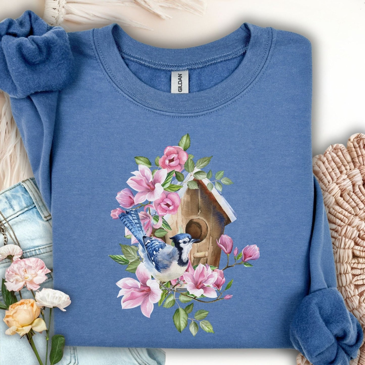 Rustic Birdhouse with Blue Jay and Flowers Sweatshirt