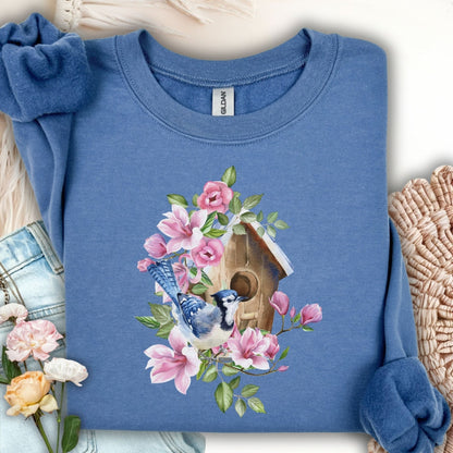 Rustic Birdhouse with Blue Jay and Flowers Sweatshirt