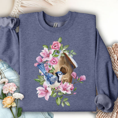 Rustic Birdhouse with Blue Jay and Flowers Sweatshirt