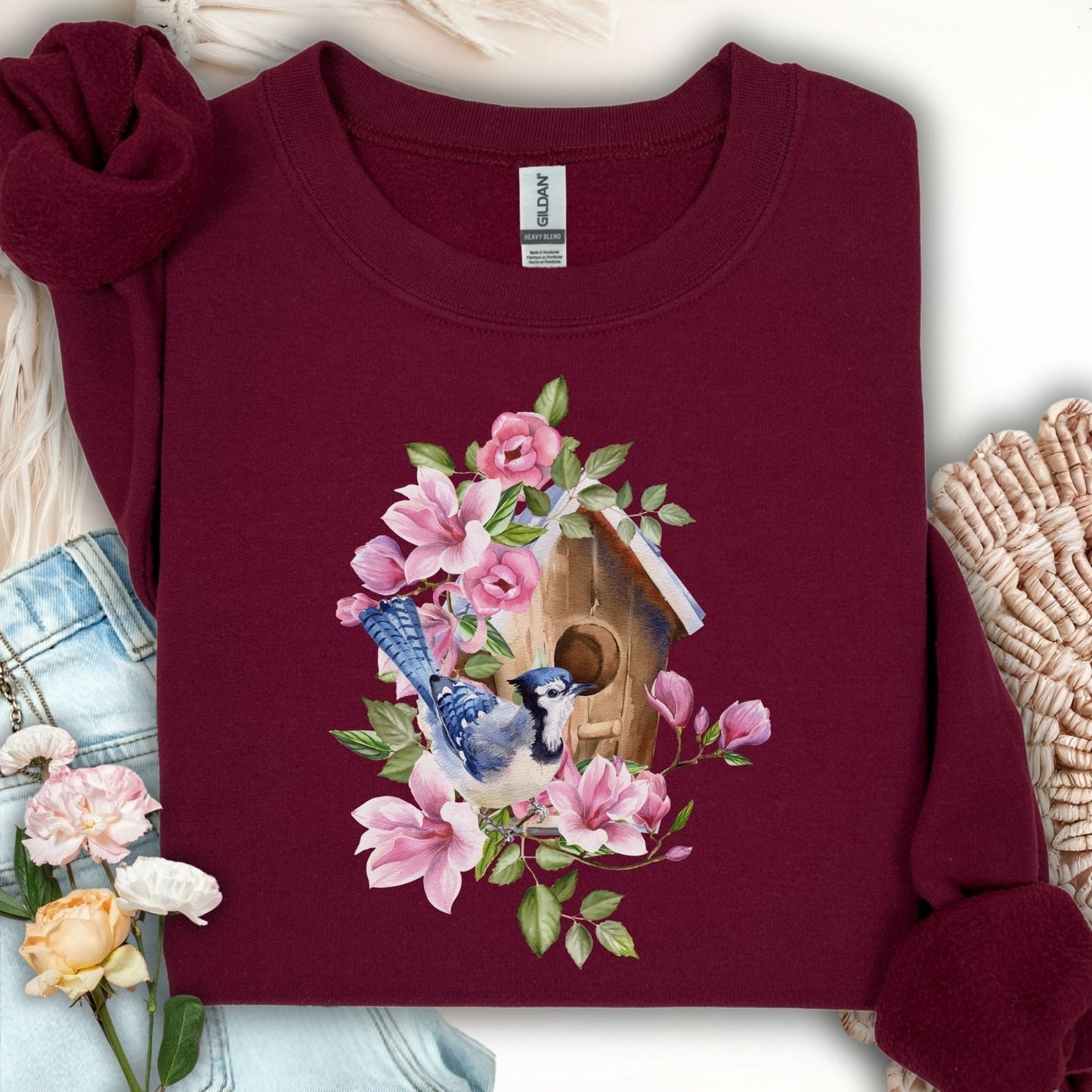 Rustic Birdhouse with Blue Jay and Flowers Sweatshirt