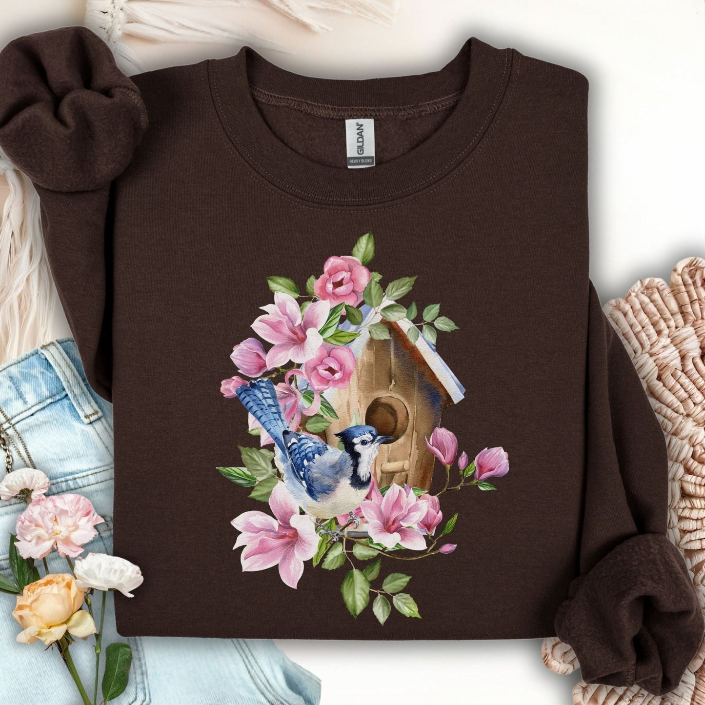 Rustic Birdhouse with Blue Jay and Flowers Sweatshirt