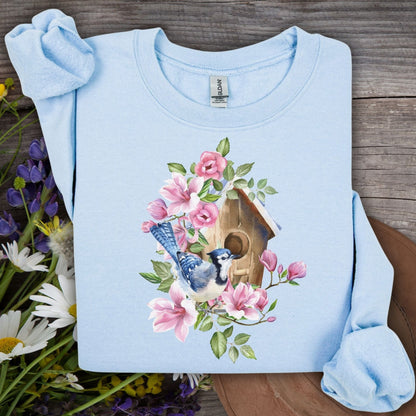 Rustic Birdhouse with Blue Jay and Flowers Sweatshirt