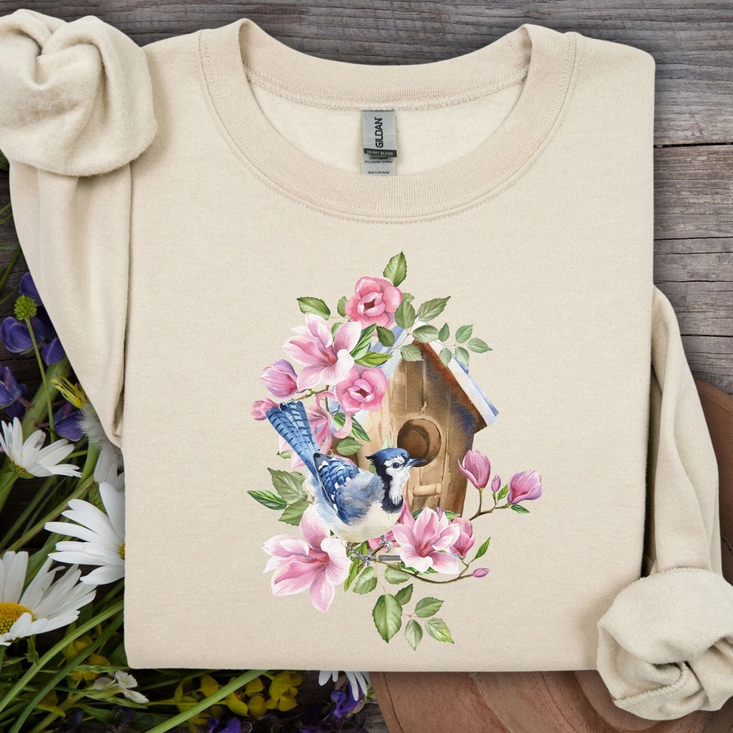 Rustic Birdhouse with Blue Jay and Flowers Sweatshirt