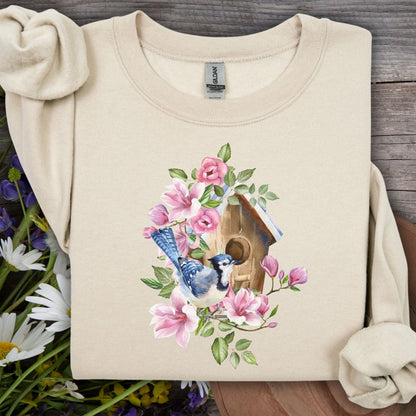 Rustic Birdhouse with Blue Jay and Flowers Sweatshirt