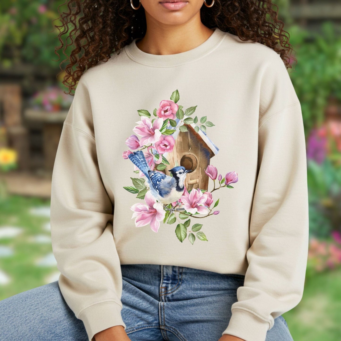 Rustic Birdhouse with Blue Jay and Flowers Sweatshirt