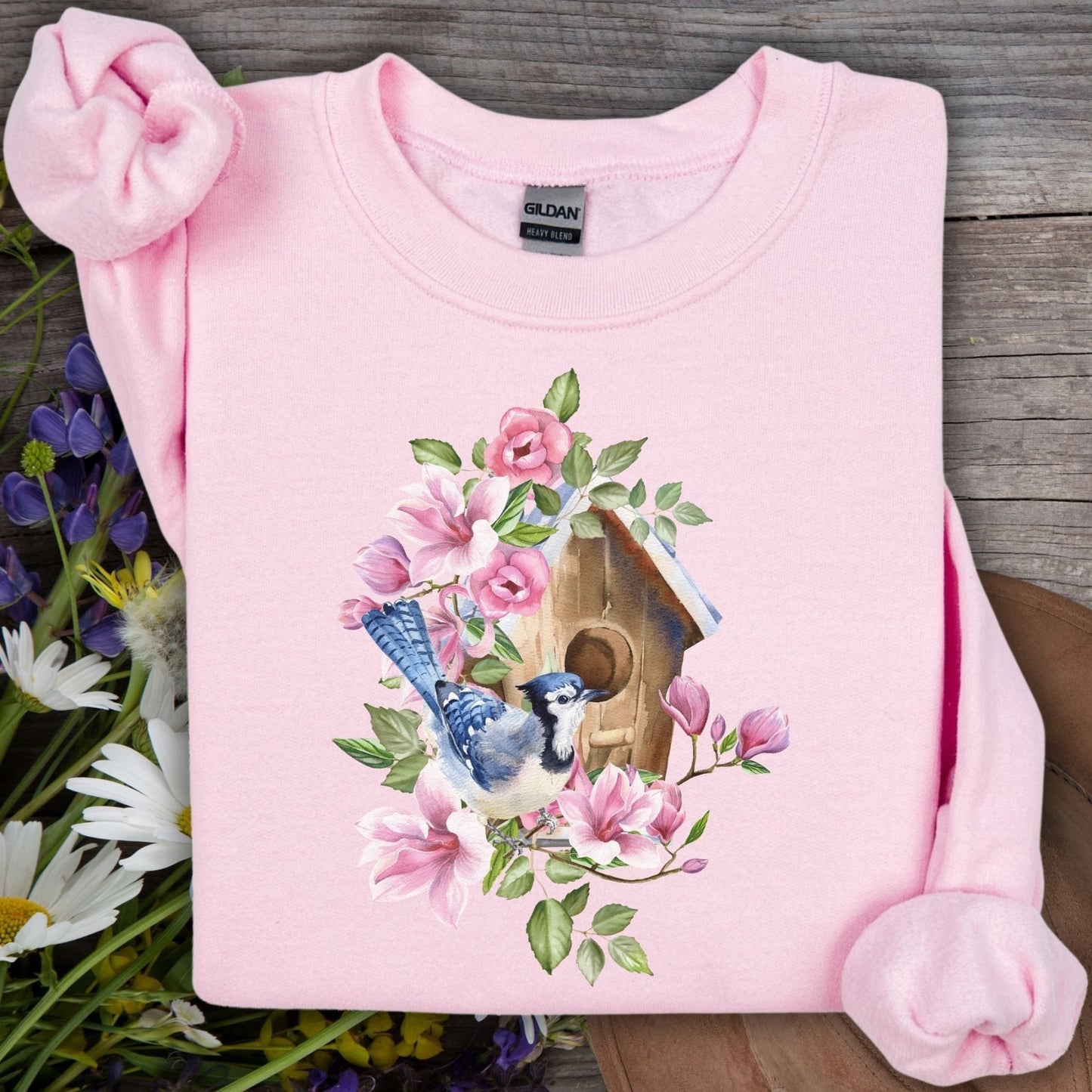 Rustic Birdhouse with Blue Jay and Flowers Sweatshirt