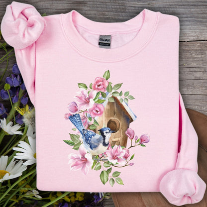 Rustic Birdhouse with Blue Jay and Flowers Sweatshirt