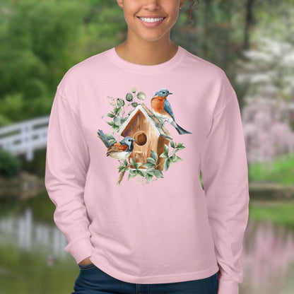 Rustic Birdhouse with Bluebirds Long Sleeve Tee