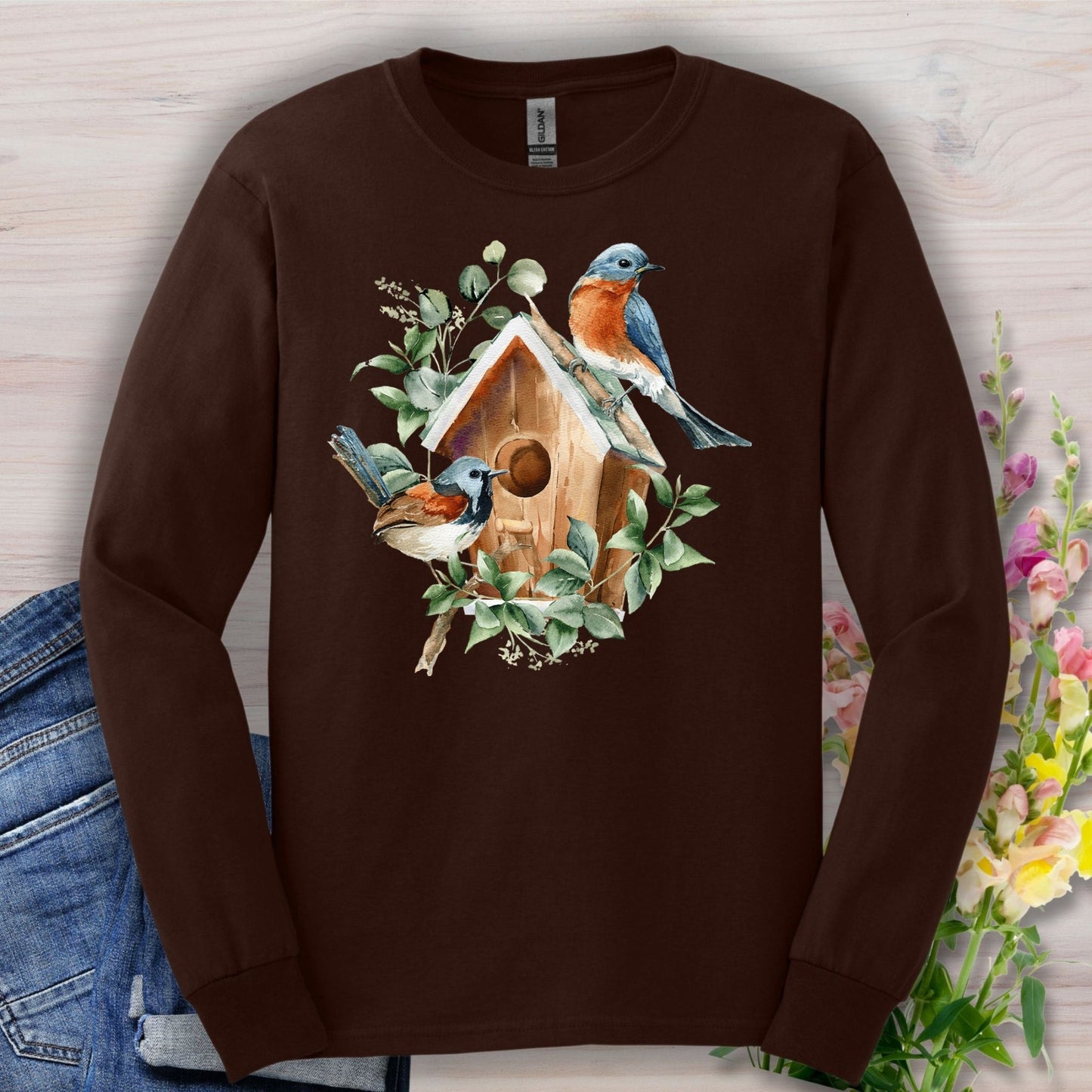 Rustic Birdhouse with Bluebirds Long Sleeve Tee