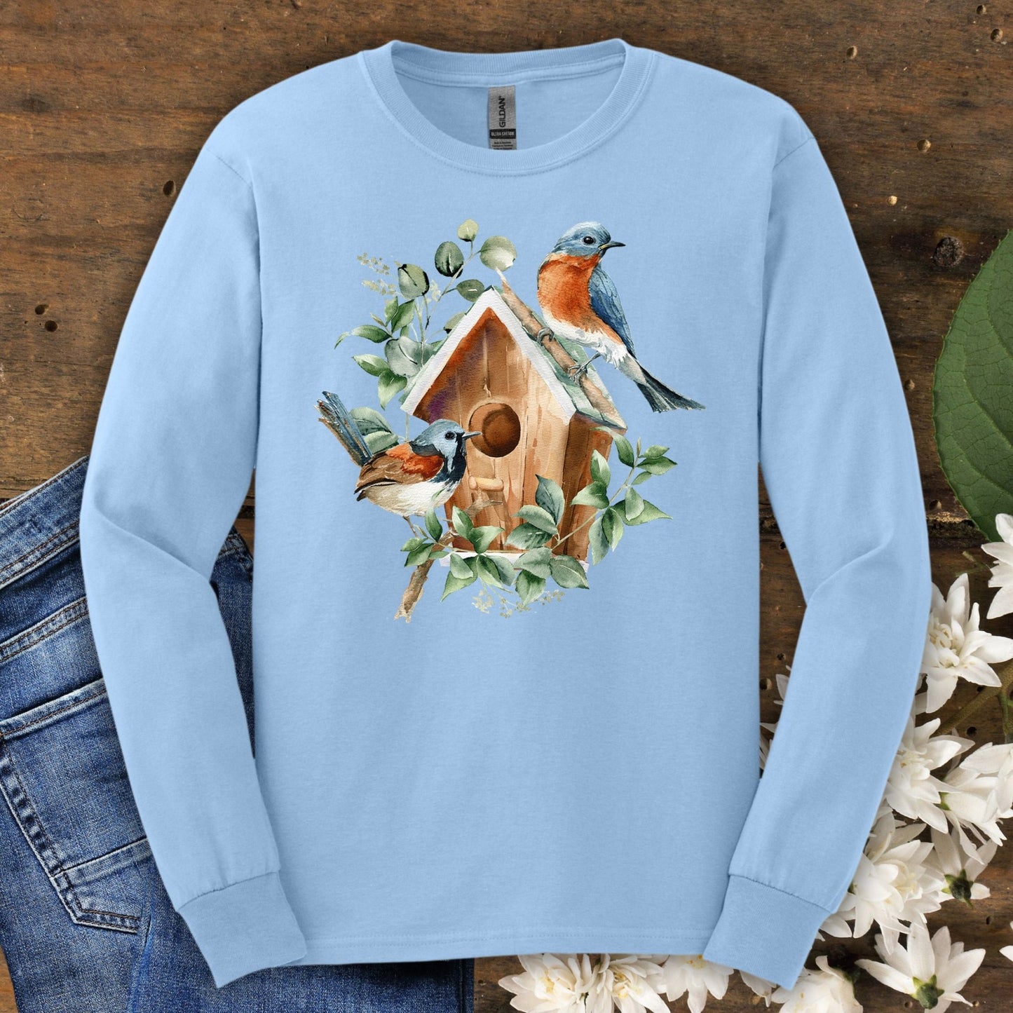 Rustic Birdhouse with Bluebirds Long Sleeve Tee