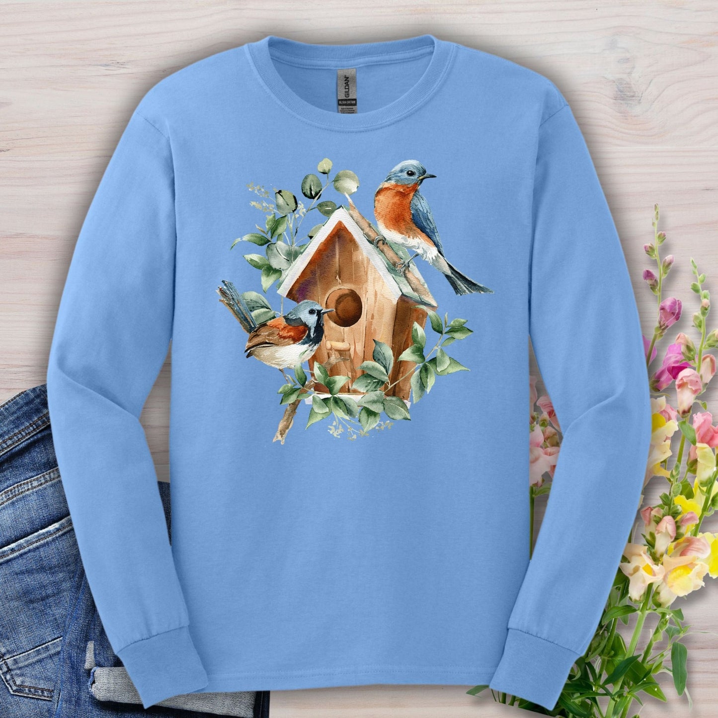 Rustic Birdhouse with Bluebirds Long Sleeve Tee