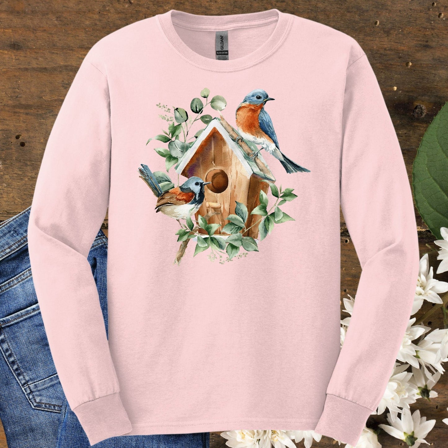 Rustic Birdhouse with Bluebirds Long Sleeve Tee