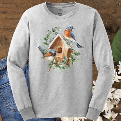 Rustic Birdhouse with Bluebirds Long Sleeve Tee