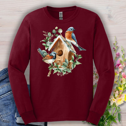 Rustic Birdhouse with Bluebirds Long Sleeve Tee