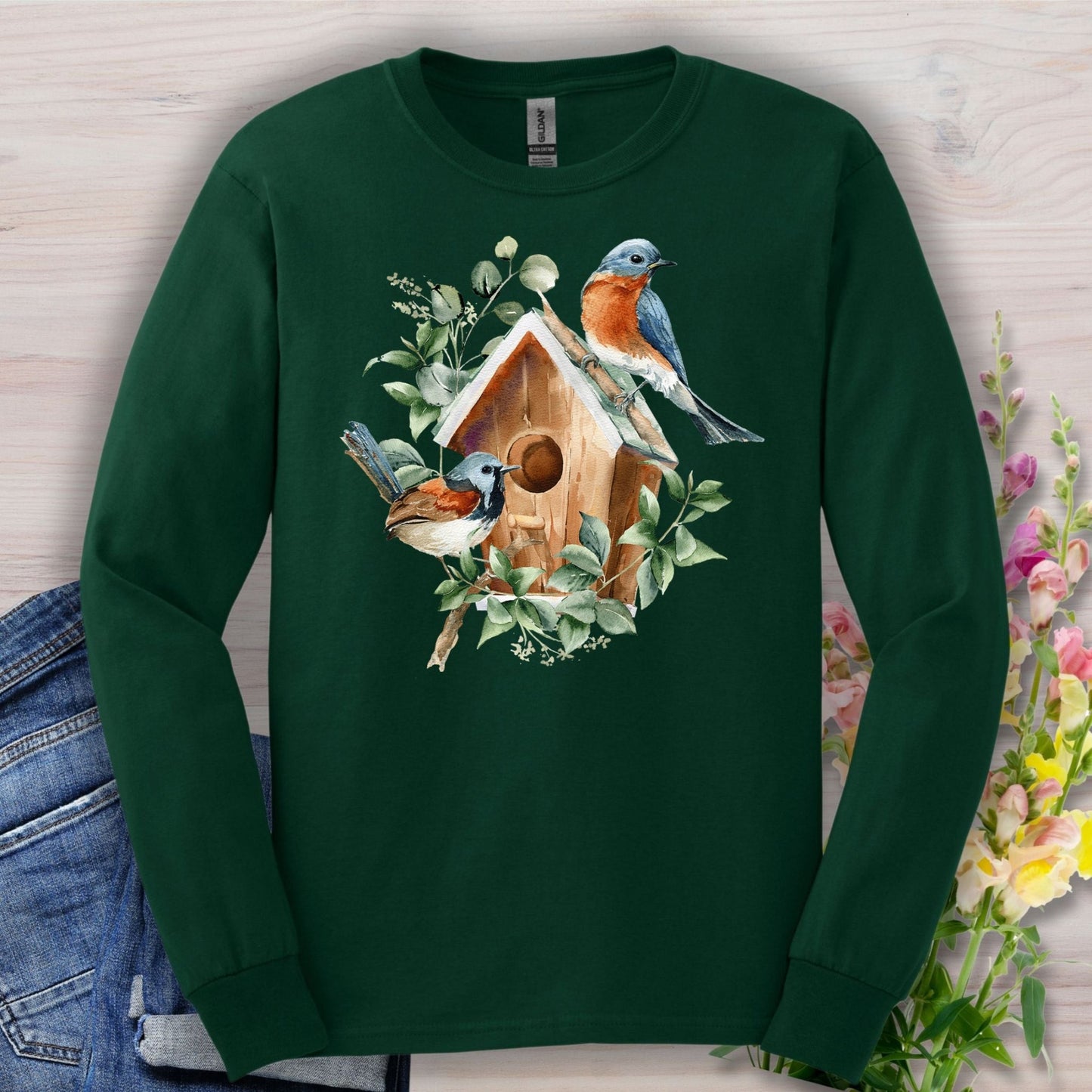 Rustic Birdhouse with Bluebirds Long Sleeve Tee