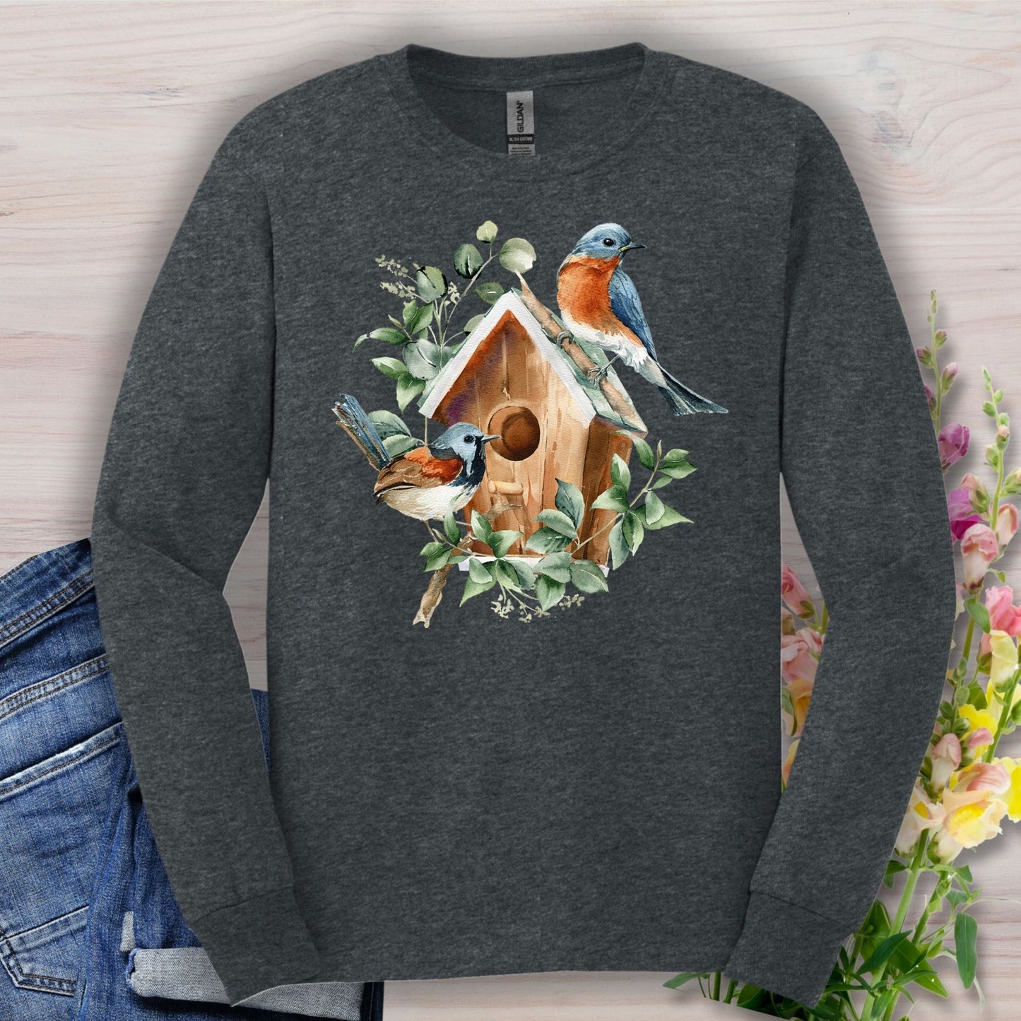 Rustic Birdhouse with Bluebirds Long Sleeve Tee