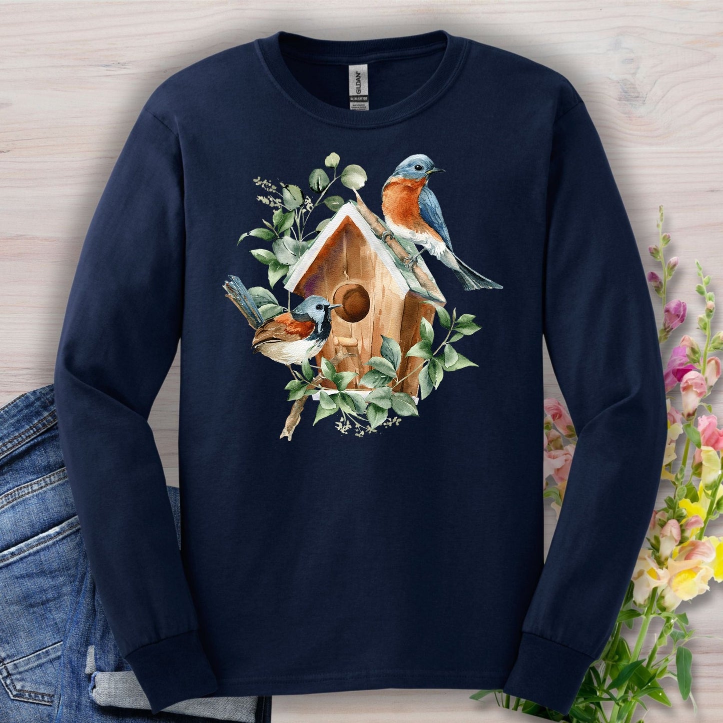Rustic Birdhouse with Bluebirds Long Sleeve Tee