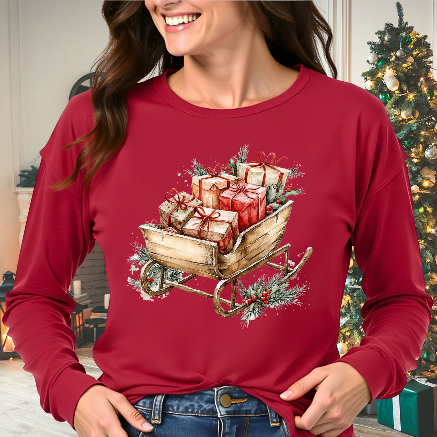Rustic Christmas Sleigh Long Sleeve Tee