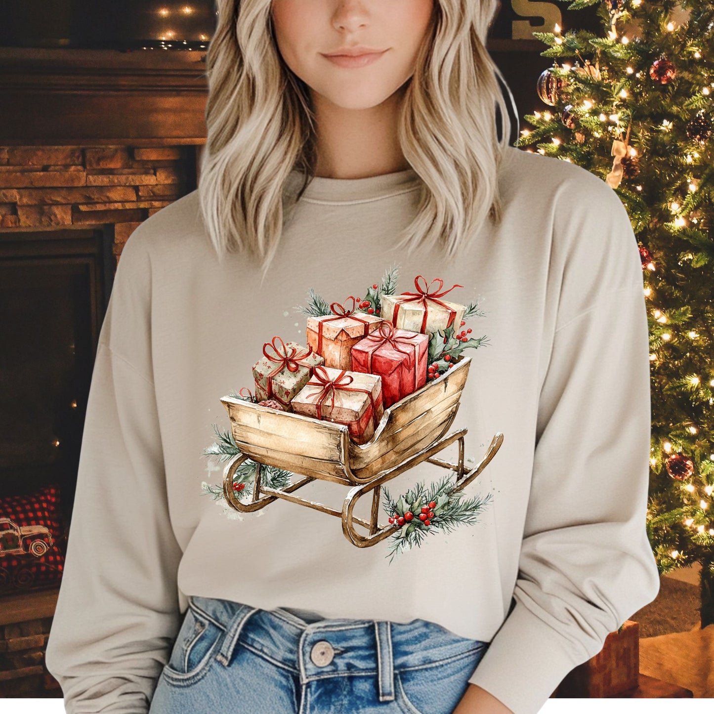 Rustic Christmas Sleigh Long Sleeve Tee