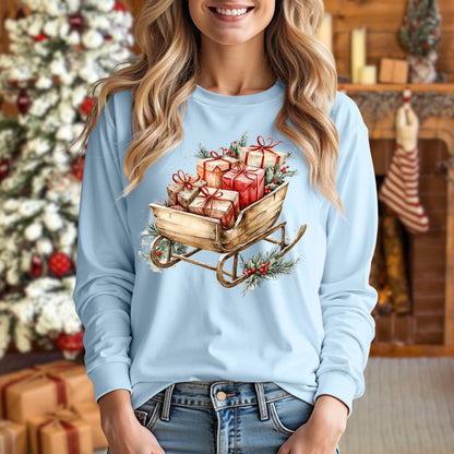 Rustic Christmas Sleigh Long Sleeve Tee