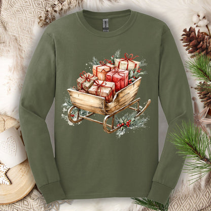 Military Green Gildan long sleeve tee with rustic watercolor sleigh full of red and gold Christmas gifts.