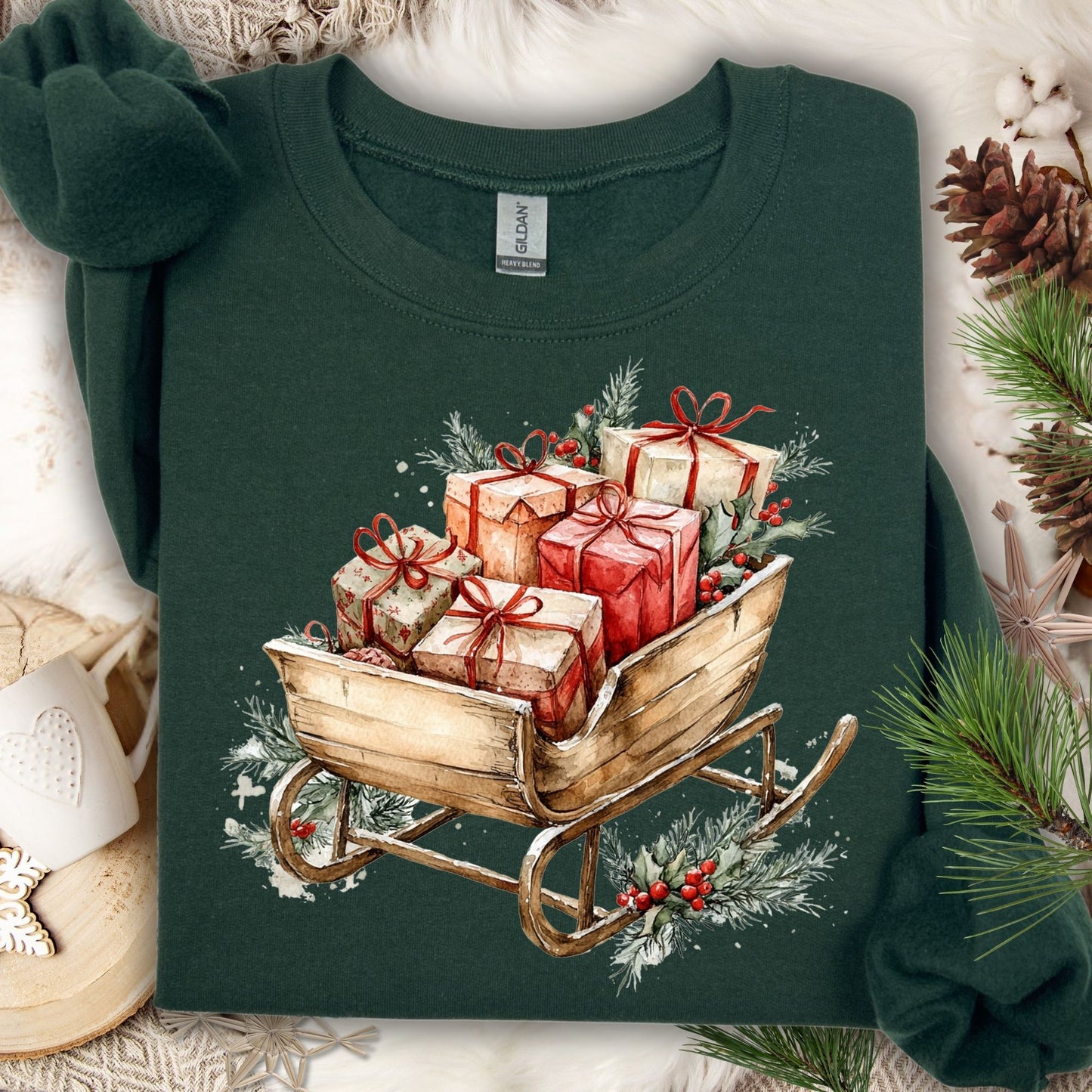 Forest Green Gildan fleece sweatshirt with a rustic watercolor sleigh overflowing with Christmas gifts.
