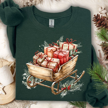 Forest Green Gildan fleece sweatshirt with a rustic watercolor sleigh overflowing with Christmas gifts.