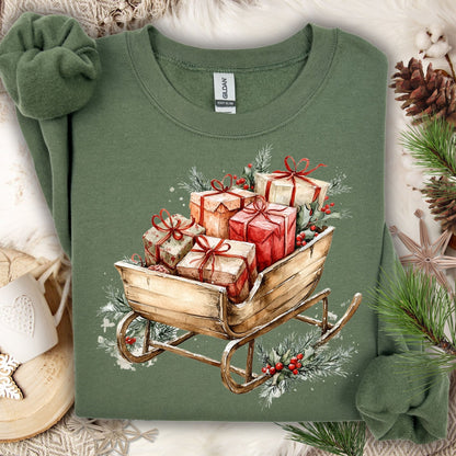 Military Green Gildan fleece sweatshirt with a rustic watercolor Christmas sleigh full of gifts and evergreens.