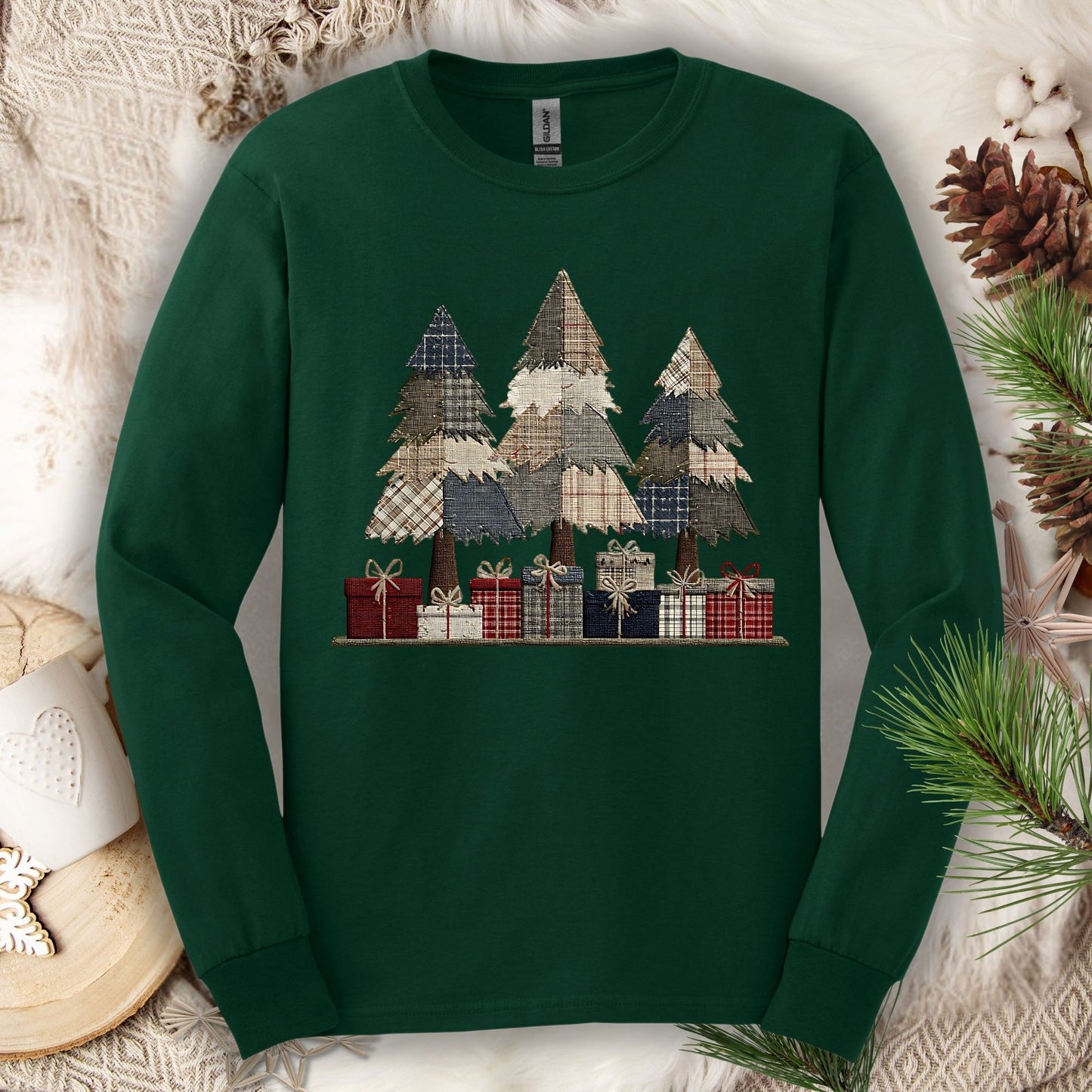 Rustic Christmas Tree Faux Patchwork Long Sleeve Tee