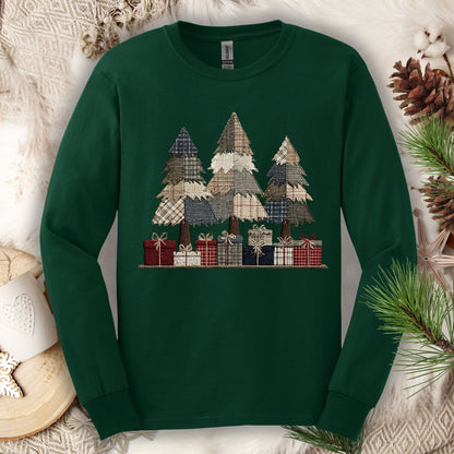 Rustic Christmas Tree Faux Patchwork Long Sleeve Tee