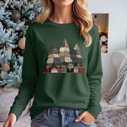 Rustic Christmas Tree Faux Patchwork Long Sleeve Tee