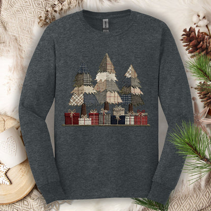 Rustic Christmas Tree Faux Patchwork Long Sleeve Tee