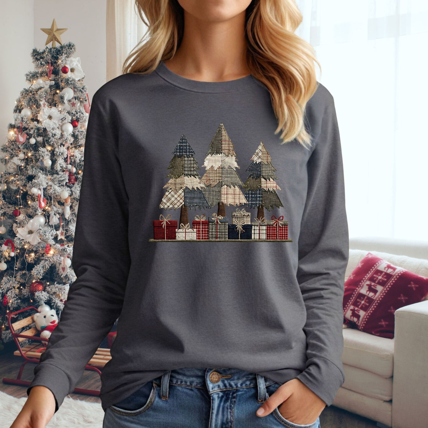 Rustic Christmas Tree Faux Patchwork Long Sleeve Tee