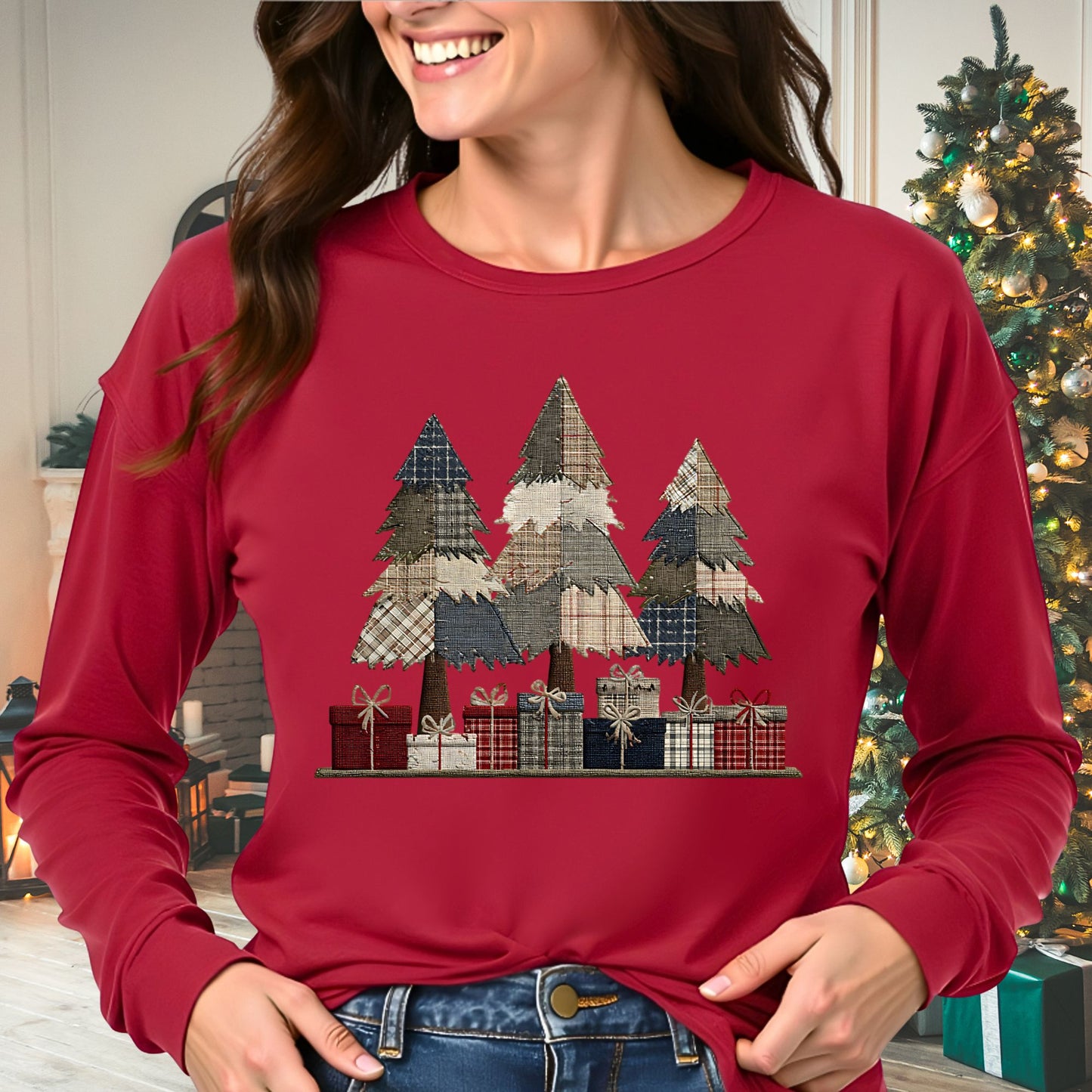 Rustic Christmas Tree Faux Patchwork Long Sleeve Tee