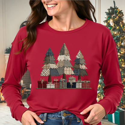 Rustic Christmas Tree Faux Patchwork Long Sleeve Tee