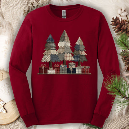 Rustic Christmas Tree Faux Patchwork Long Sleeve Tee