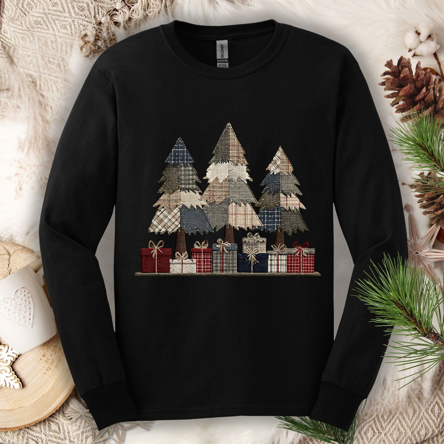 Rustic Christmas Tree Faux Patchwork Long Sleeve Tee