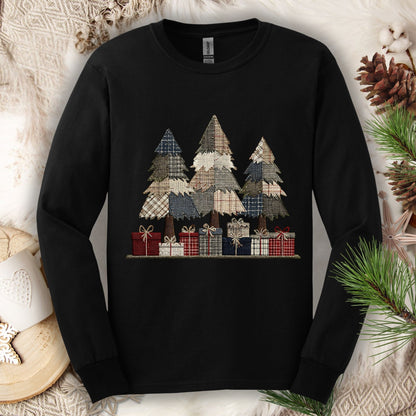 Rustic Christmas Tree Faux Patchwork Long Sleeve Tee