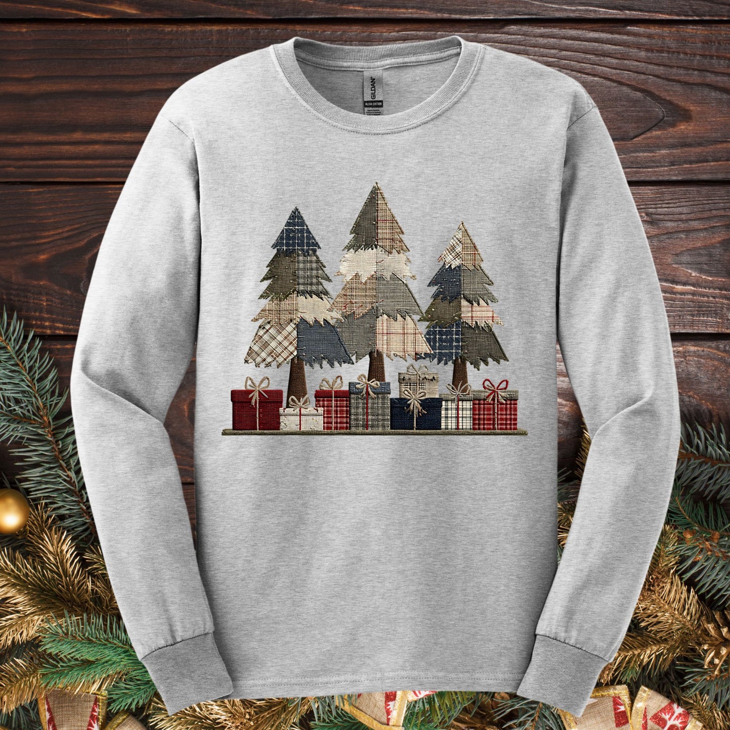 Rustic Christmas Tree Faux Patchwork Long Sleeve Tee