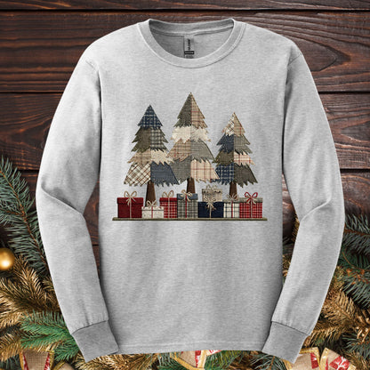 Rustic Christmas Tree Faux Patchwork Long Sleeve Tee