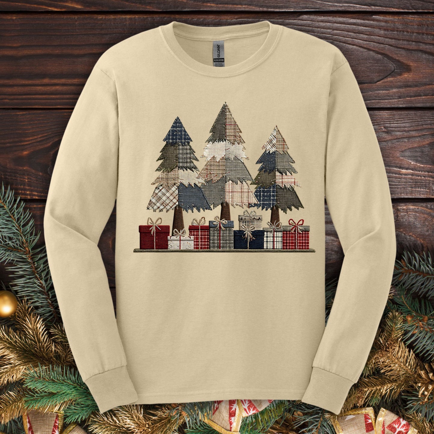 Rustic Christmas Tree Faux Patchwork Long Sleeve Tee
