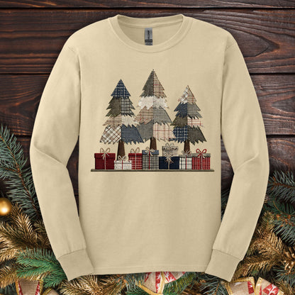 Rustic Christmas Tree Faux Patchwork Long Sleeve Tee