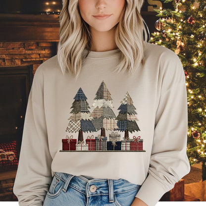 Rustic Christmas Tree Faux Patchwork Long Sleeve Tee