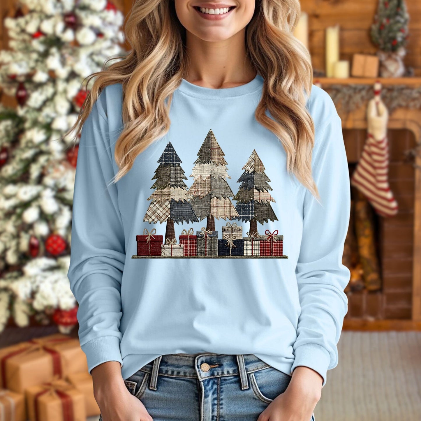 Rustic Christmas Tree Faux Patchwork Long Sleeve Tee