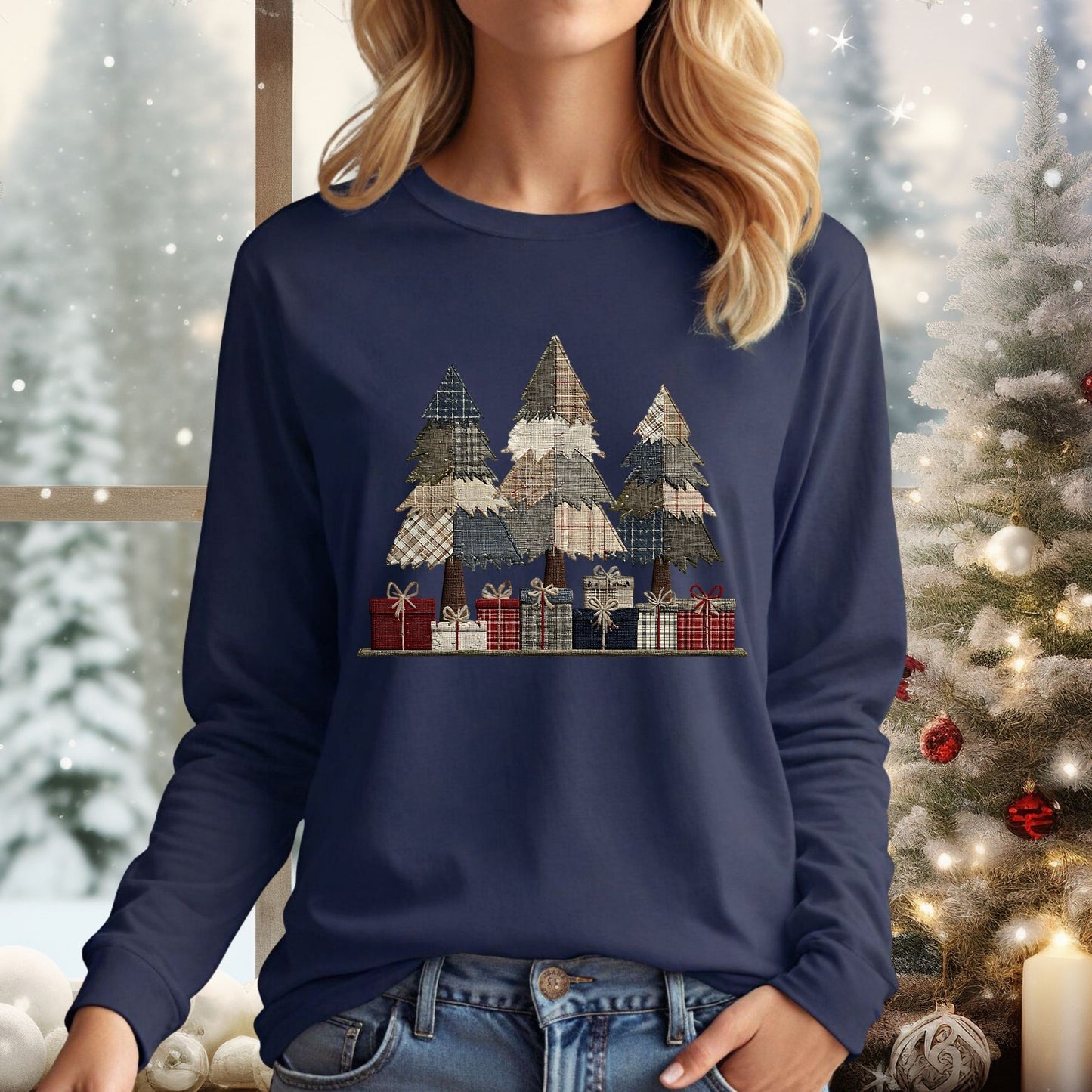 Rustic Christmas Tree Faux Patchwork Long Sleeve Tee