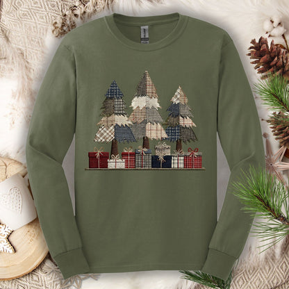 Rustic Christmas Tree Faux Patchwork Long Sleeve Tee