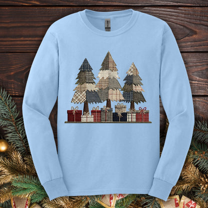 Rustic Christmas Tree Faux Patchwork Long Sleeve Tee